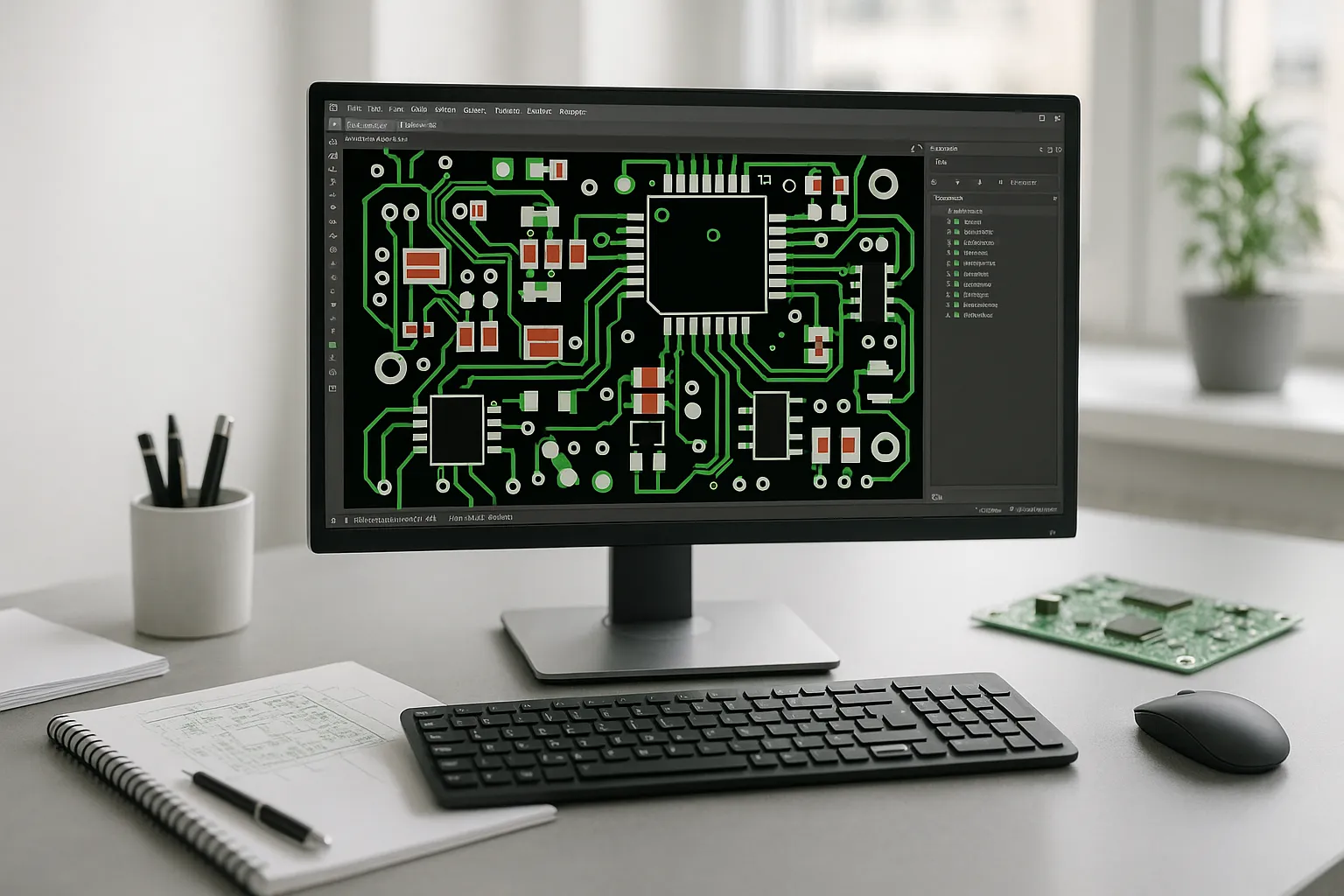 Workstation with a PCB layout in an ECAD tool on the monitor