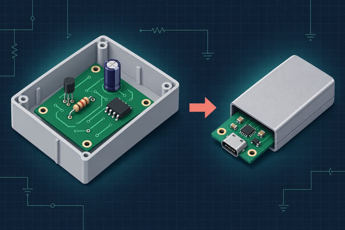 Illustration: a large through-hole board in an open enclosure becomes a compact SMD board with a USB-C connector in a slim aluminium housing