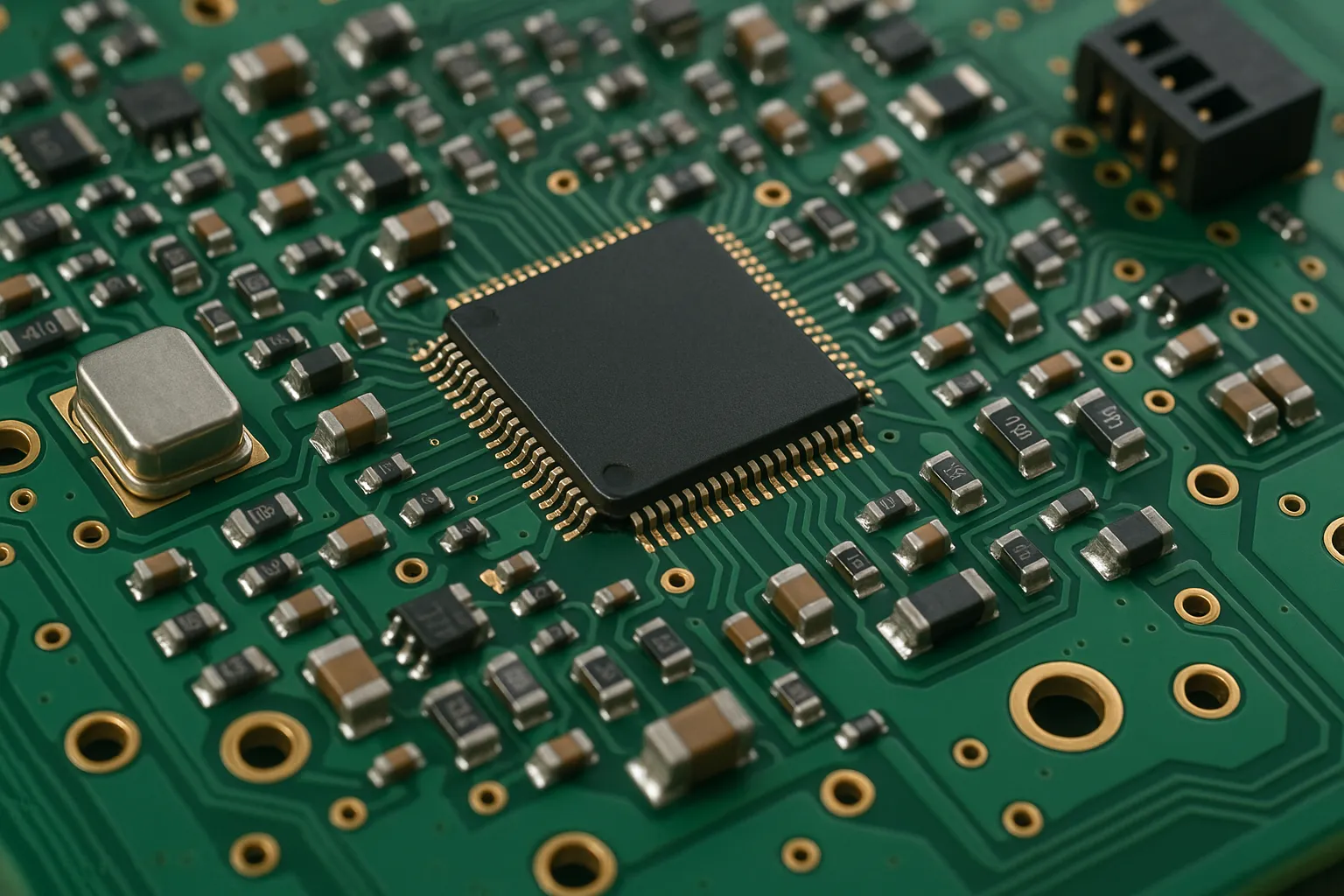 Close-up of an assembled green circuit board