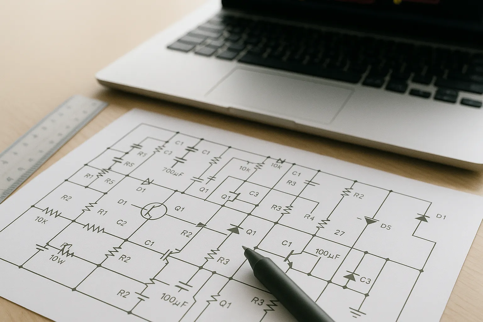Printed schematic with a pen next to a laptop